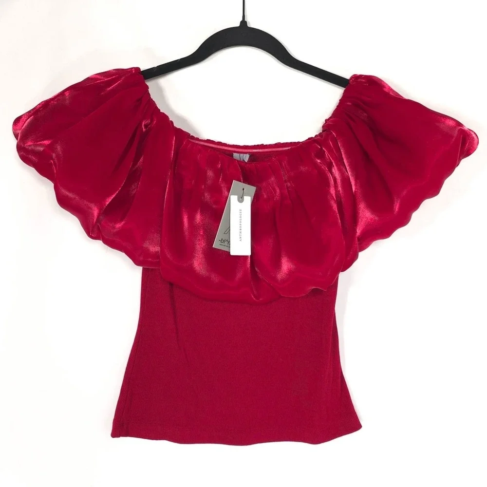 ANTHROPOLOGIE Blnk LONDON New Flattering OffShoulder SMALL Bubble Top Blouse Red - Picture 3 of 15